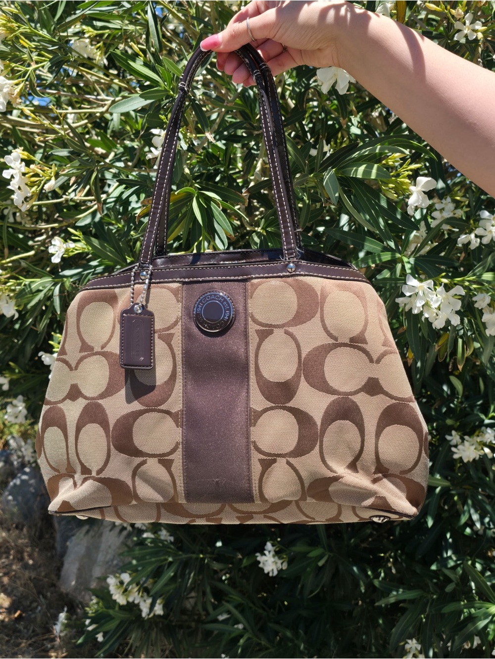 Coach Brown Signature Canvas Shoulder Bag with Dark Brown Trim